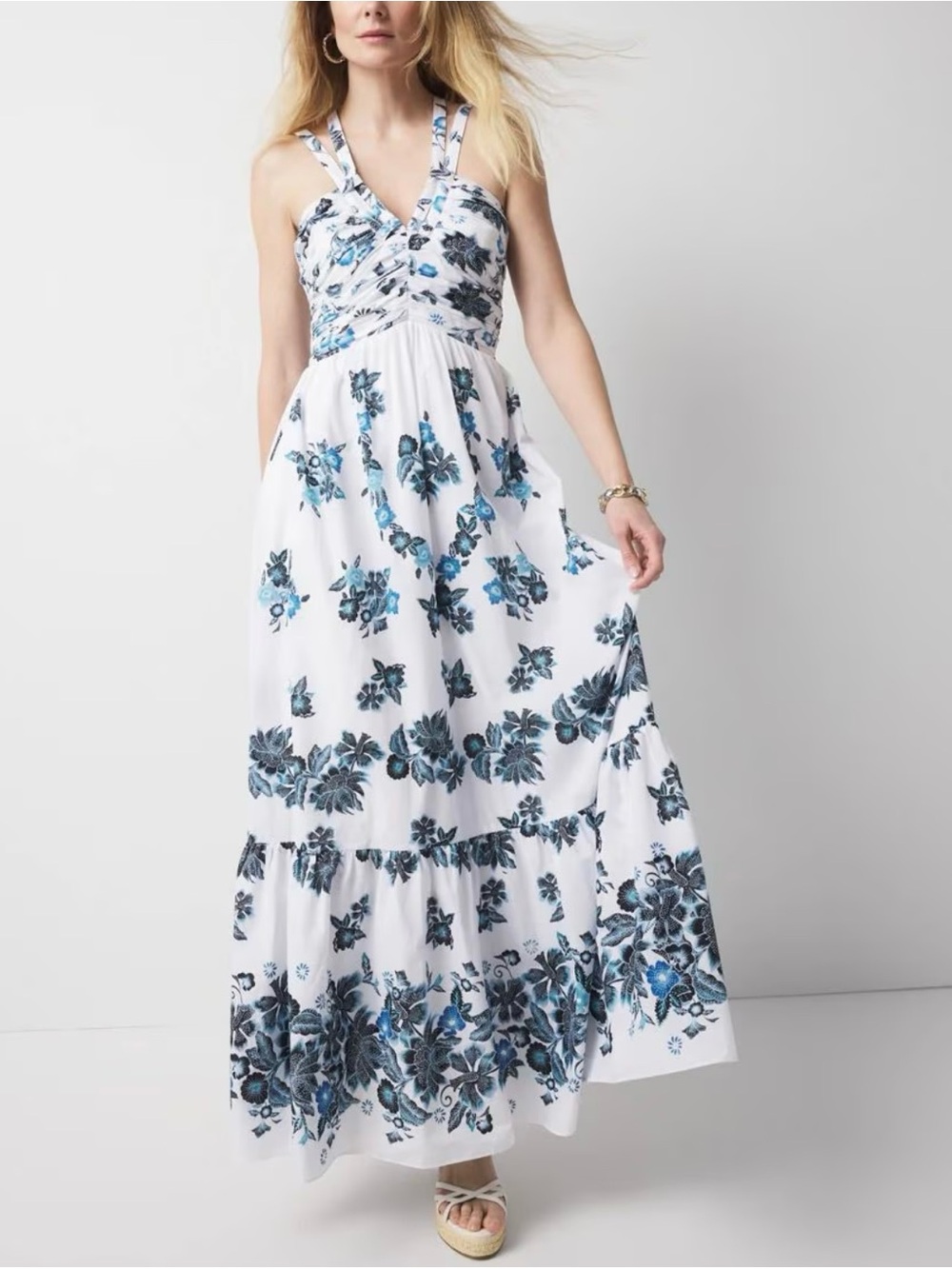 NWT Size 4 White House Black Market White Maxi Dress with Blue Floral Print